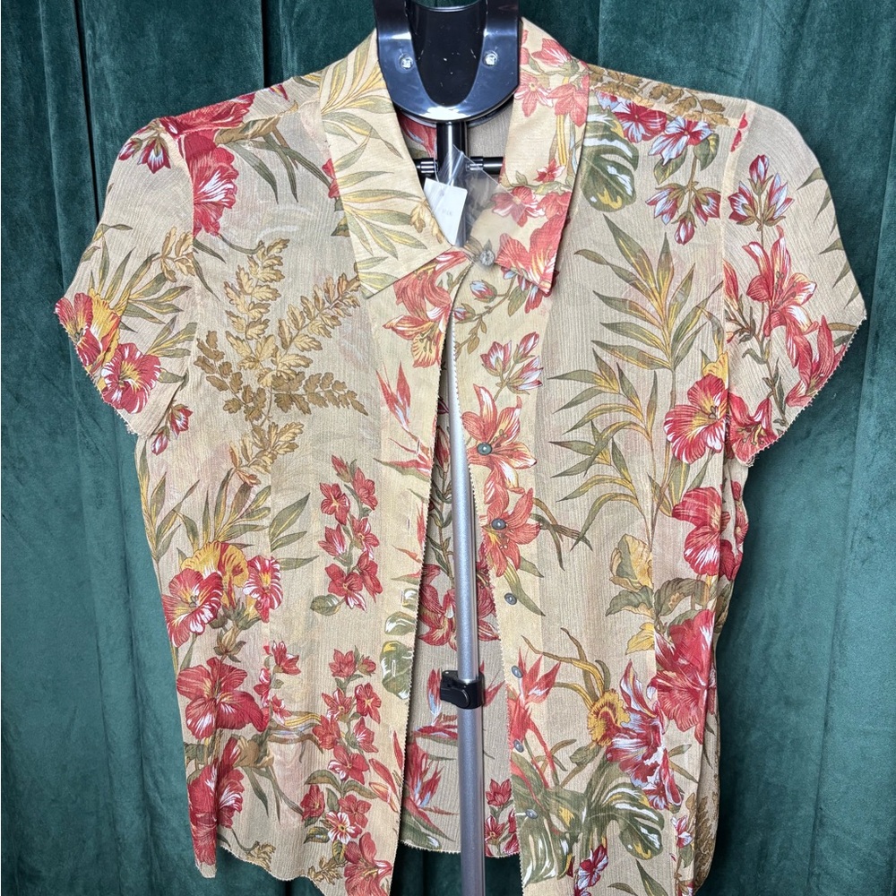 Charter Club 100% Silk Beige Sheer Button-Down Red Hawaiian Floral Print 10